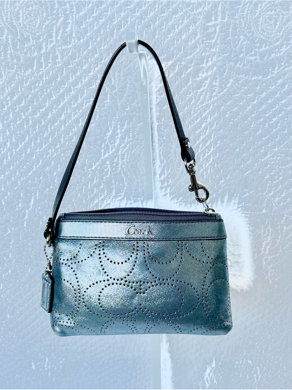 Coach Metallic Silver Perforated Leather Wristlet
